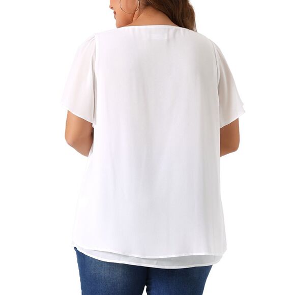Plus Size Chiffon Blouse Ruffle Sleeve Double-Layered Shirt Work Tops White - Picture 4 of 5